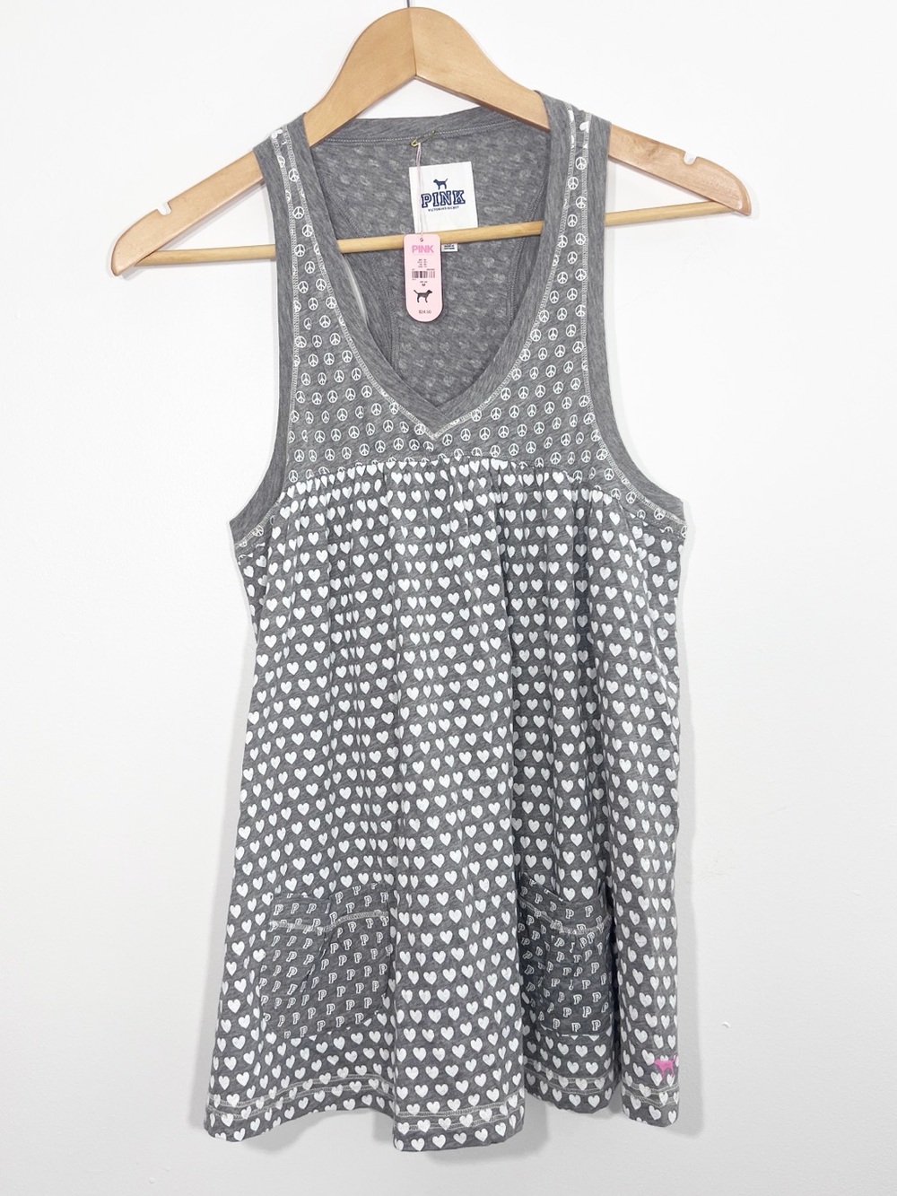 NEW Y2K PINK Victoria’s Secret Heart Print Tunic Tank Top Gray Size Medium NWT
